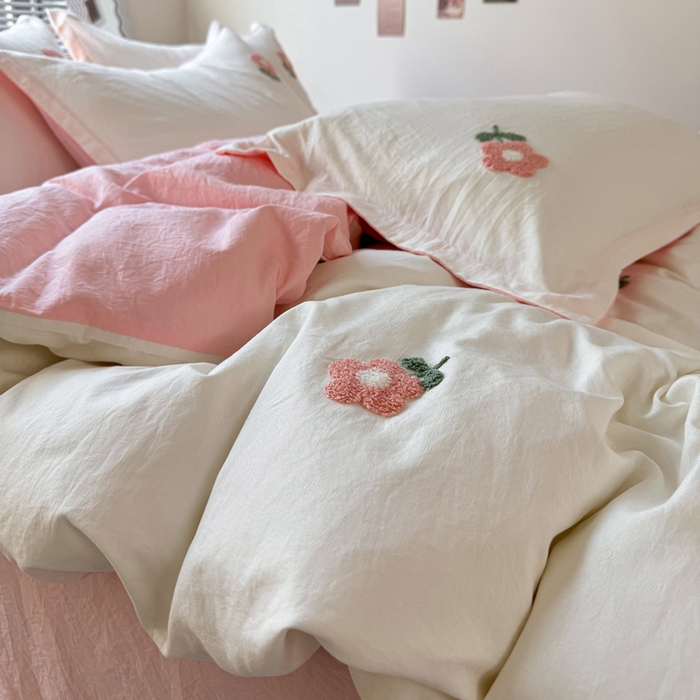 91家纺网 家纺一手货源 找家纺 布可家纺 2025新款水洗棉毛巾绣四件套 花儿朵朵-白玉
