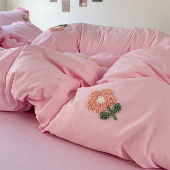 91家纺网 家纺一手货源 找家纺 布可家纺 2025新款水洗棉毛巾绣四件套 花儿朵朵-粉