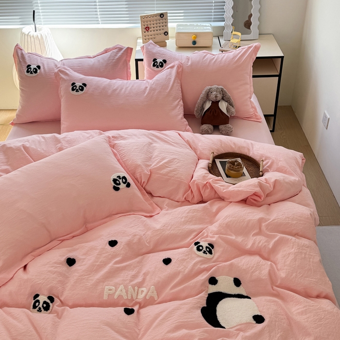 91家纺网 家纺一手货源 找家纺 布可家纺 2025新款水洗棉毛巾绣四件套 熊猫嘟嘟-玉