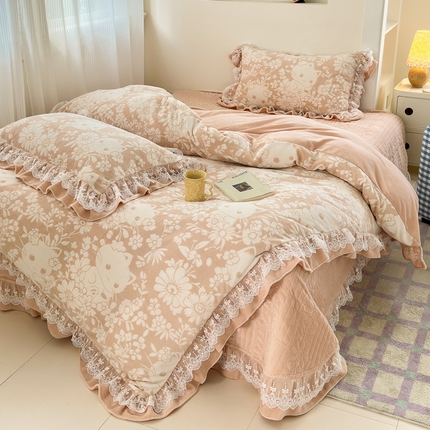 淑女公社家纺 2024秋冬新款提花牛奶绒床盖款四件套 可爱猫 玉色