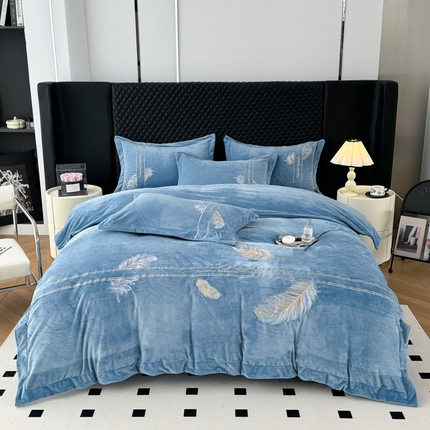 91家纺网 家纺一手货源 找家纺 （总）雪夫人 2024新款加厚宝宝绒刺绣床裙款四件套-羽毛