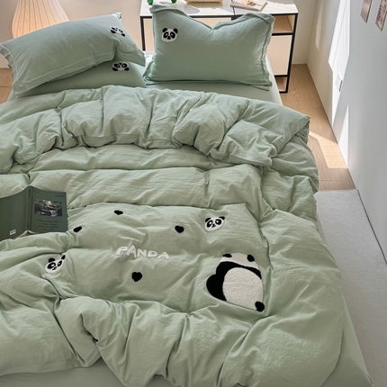 布可家纺 2025新款水洗棉毛巾绣四件套 熊猫嘟嘟-绿