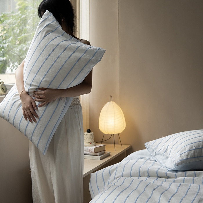 91家纺网 家纺一手货源 找家纺 （总）2024纯棉水洗棉简约四件套民宿风全棉提花被套纯色加大床单蓝色条纹三件套