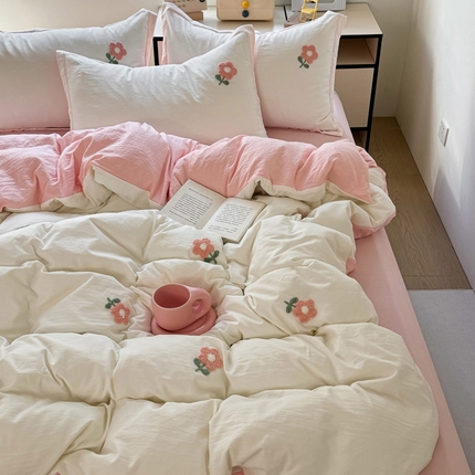 布可家纺 2025新款水洗棉毛巾绣四件套 花儿朵朵-白玉