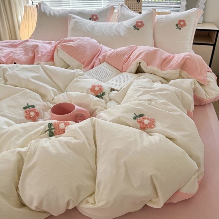 91家纺网 家纺一手货源 找家纺 布可家纺 2025新款水洗棉毛巾绣四件套 花儿朵朵-白玉