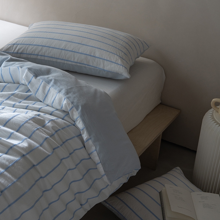 91家纺网 家纺一手货源 找家纺 （总）2024纯棉水洗棉简约四件套民宿风全棉提花被套纯色加大床单蓝色条纹三件套