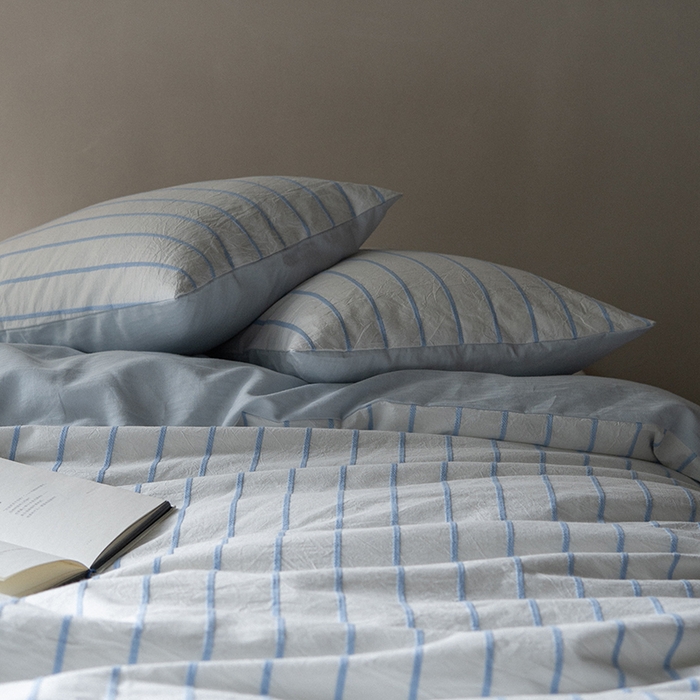 91家纺网 家纺一手货源 找家纺 （总）2024纯棉水洗棉简约四件套民宿风全棉提花被套纯色加大床单蓝色条纹三件套