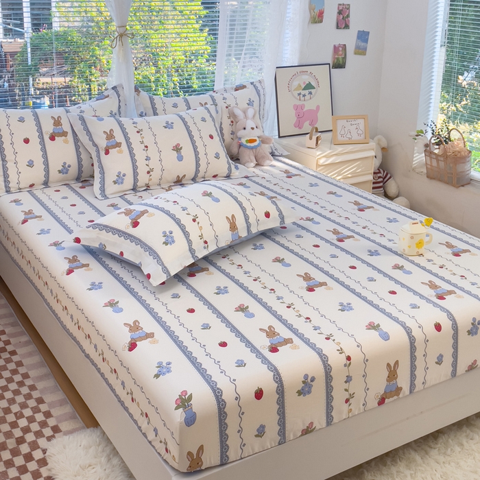 91家纺网 家纺一手货源 找家纺 春雨家居 2024新款全棉喷气印花系列单床笠 草莓花期