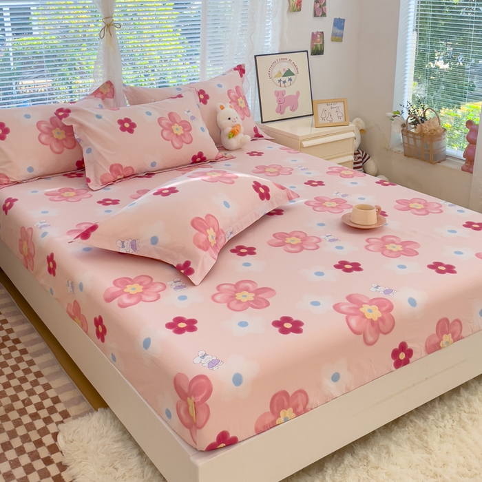 91家纺网 家纺一手货源 找家纺 春雨家居 2024新款全棉喷气印花系列单床笠 花之语