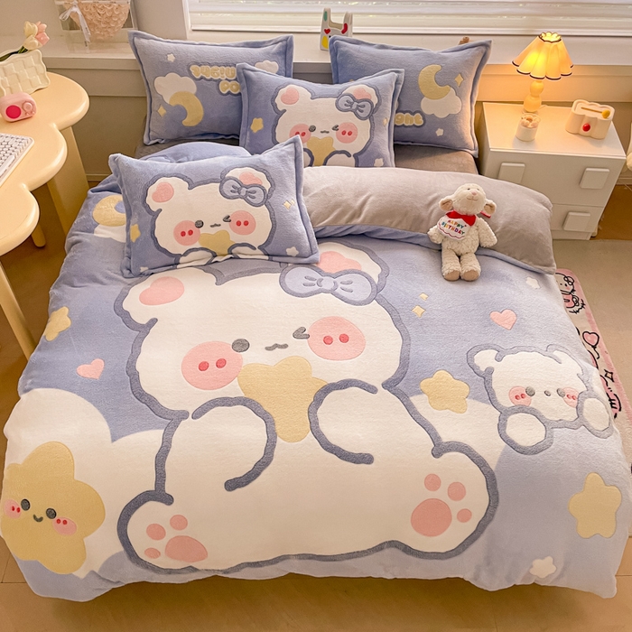 91家纺网 家纺一手货源 找家纺 川悦生活 2024新款大版雪花绒四件套-风格二 朵熊系