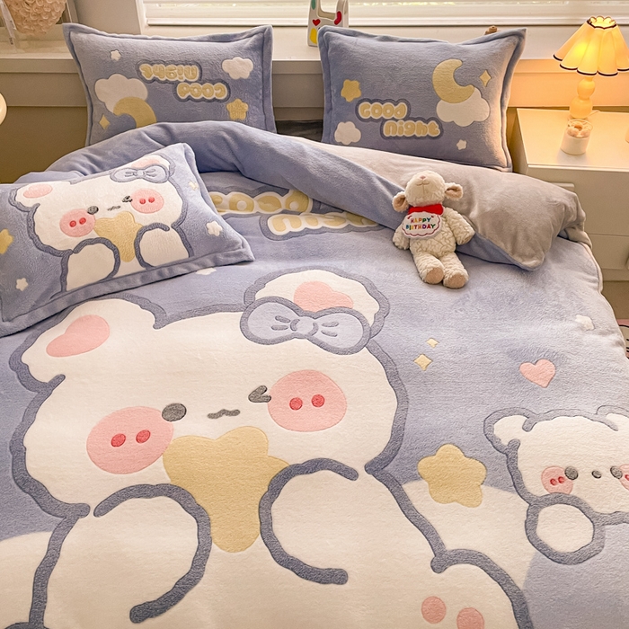 91家纺网 家纺一手货源 找家纺 川悦生活 2024新款大版雪花绒四件套-风格二 朵熊系