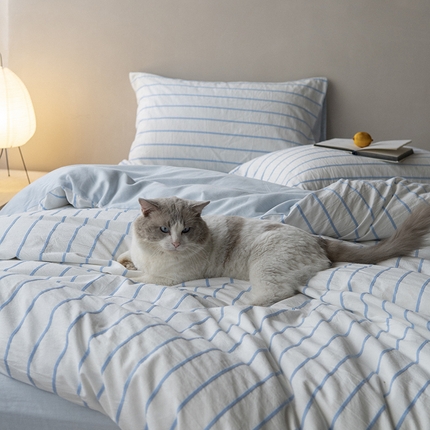 2024纯棉水洗棉简约四件套民宿风全棉提花被套纯色加大床单蓝色条纹三件套 山蓝（蓝色床单）