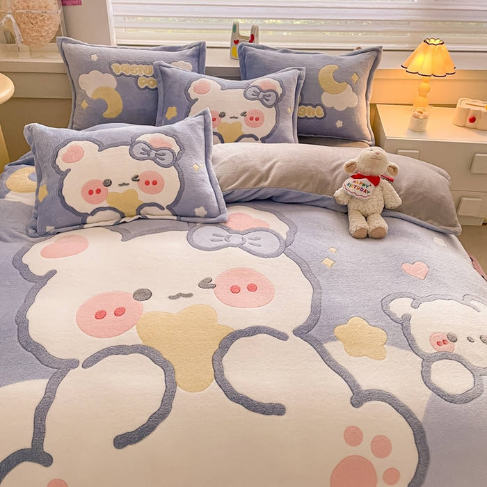 91家纺网 家纺一手货源 找家纺 川悦生活 2024新款大版雪花绒四件套-风格二 朵熊系