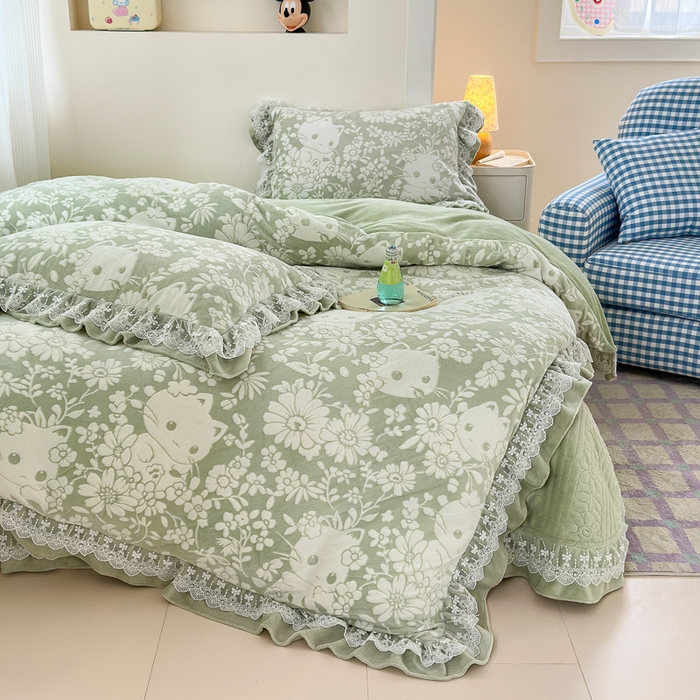 91家纺网 家纺一手货源 找家纺 淑女公社家纺 2024秋冬新款提花牛奶绒床盖款四件套 可爱猫 绿色