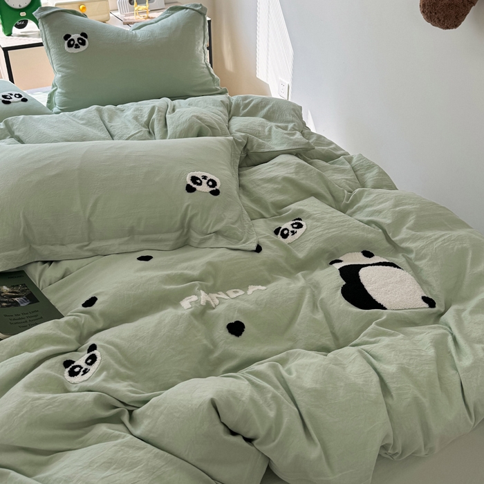 91家纺网 家纺一手货源 找家纺 布可家纺 2025新款水洗棉毛巾绣四件套 熊猫嘟嘟-绿