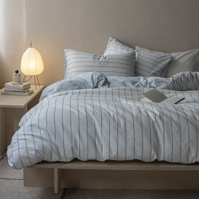 91家纺网 家纺一手货源 找家纺 （总）2024纯棉水洗棉简约四件套民宿风全棉提花被套纯色加大床单蓝色条纹三件套