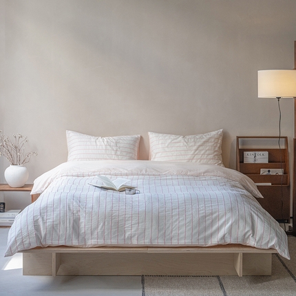 2024纯棉水洗棉简约四件套民宿风全棉提花被套纯色加大床单蓝色条纹三件套 山蓝 粉