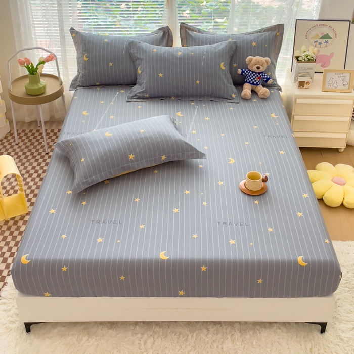 91家纺网 家纺一手货源 找家纺 春雨家居 2024新款全棉喷气印花系列单床笠 星月