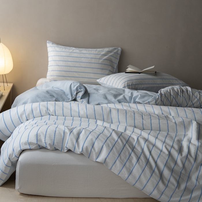 91家纺网 家纺一手货源 找家纺 （总）2024纯棉水洗棉简约四件套民宿风全棉提花被套纯色加大床单蓝色条纹三件套