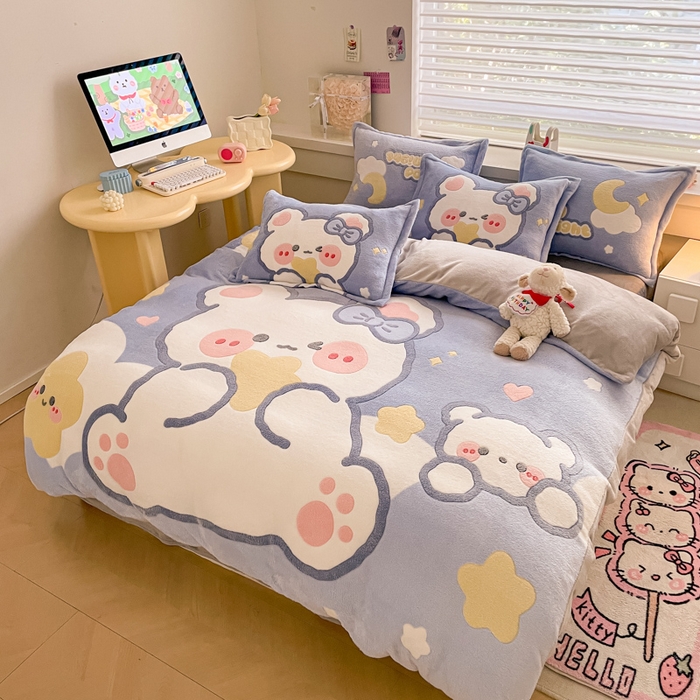 91家纺网 家纺一手货源 找家纺 川悦生活 2024新款大版雪花绒四件套-风格二 朵熊系