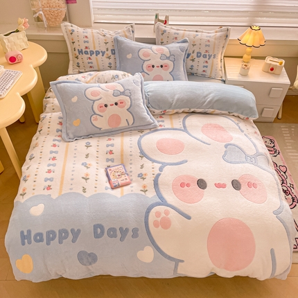 91家纺网 家纺一手货源 找家纺 川悦生活 2024新款大版雪花绒四件套-风格二 幸福花兔