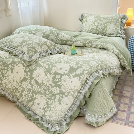 淑女公社家纺 2024秋冬新款提花牛奶绒床盖款四件套 可爱猫 绿色
