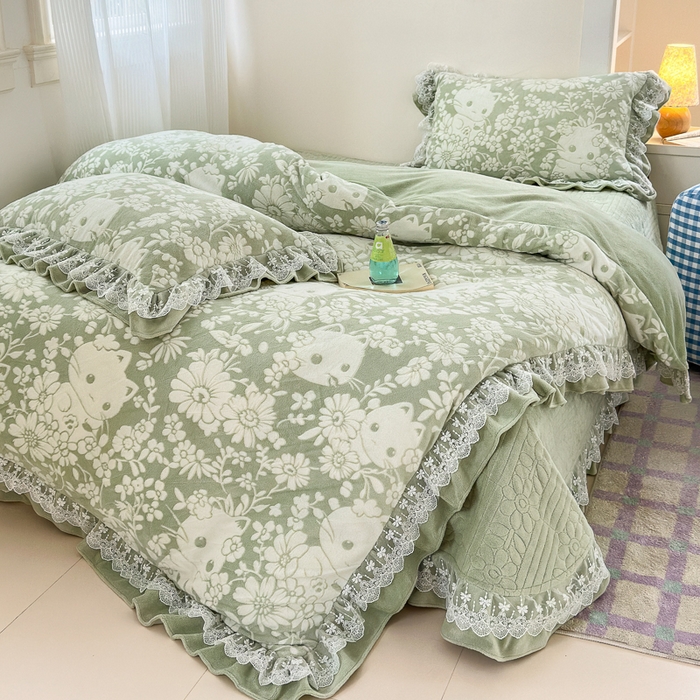 91家纺网 家纺一手货源 找家纺 淑女公社家纺 2024秋冬新款提花牛奶绒床盖款四件套 可爱猫 绿色