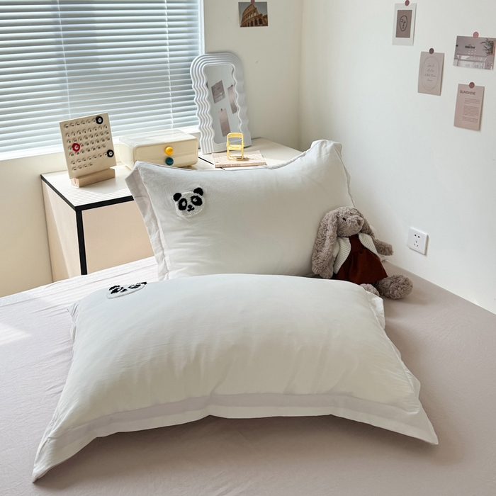 91家纺网 家纺一手货源 找家纺 布可家纺 2025新款水洗棉毛巾绣四件套 熊猫嘟嘟-奶茶