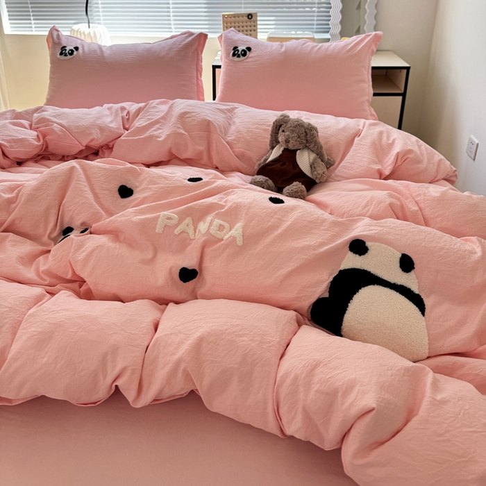 91家纺网 家纺一手货源 找家纺 布可家纺 2025新款水洗棉毛巾绣四件套 熊猫嘟嘟-玉