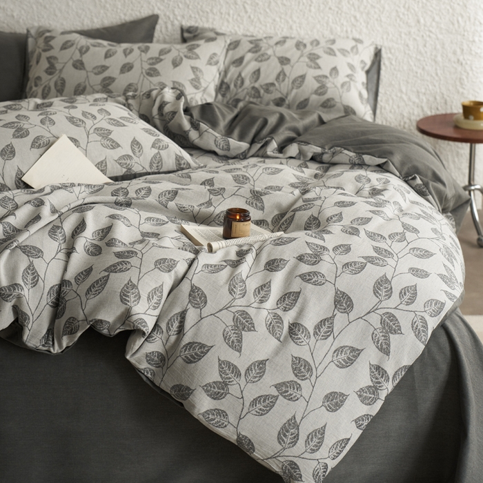 91家纺网 家纺一手货源 找家纺 慕尚家纺 2025新款磨毛提花双层纱四件套 叶韵灰