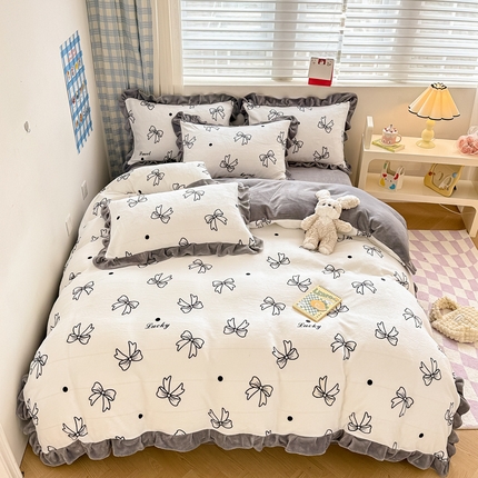 91家纺网 家纺一手货源 找家纺 典曼家纺 2024新款A类韩版牛奶绒四件套 蝴蝶结