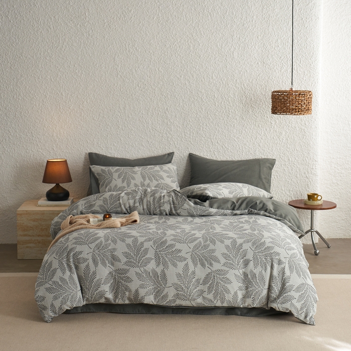 91家纺网 家纺一手货源 找家纺 慕尚家纺 2025新款磨毛提花双层纱四件套 森木灰