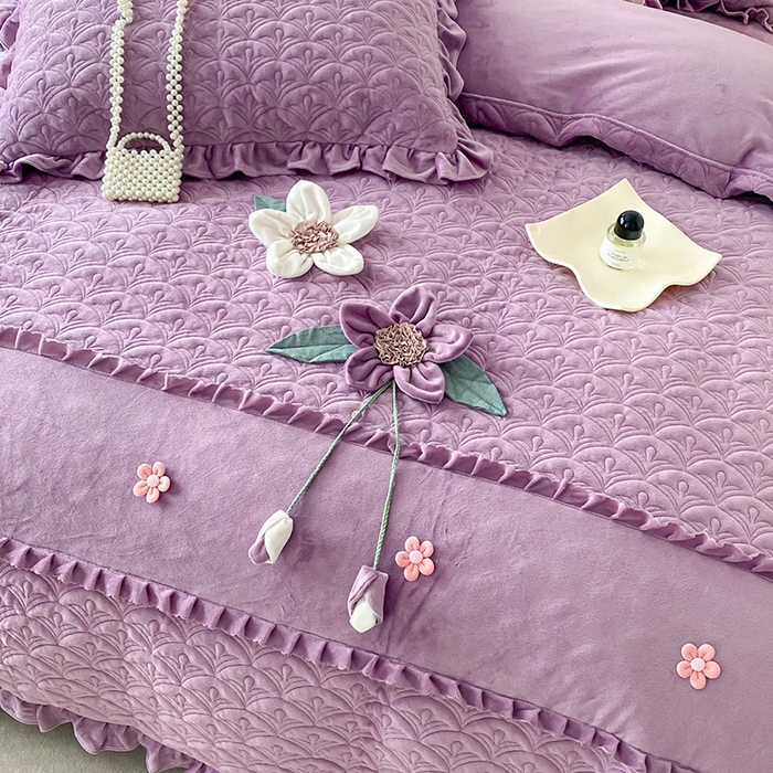 91家纺网 家纺一手货源 找家纺 兴美佳家纺 2024新款水晶绒全加棉床盖四件套-冬之恋 冬之恋-紫色