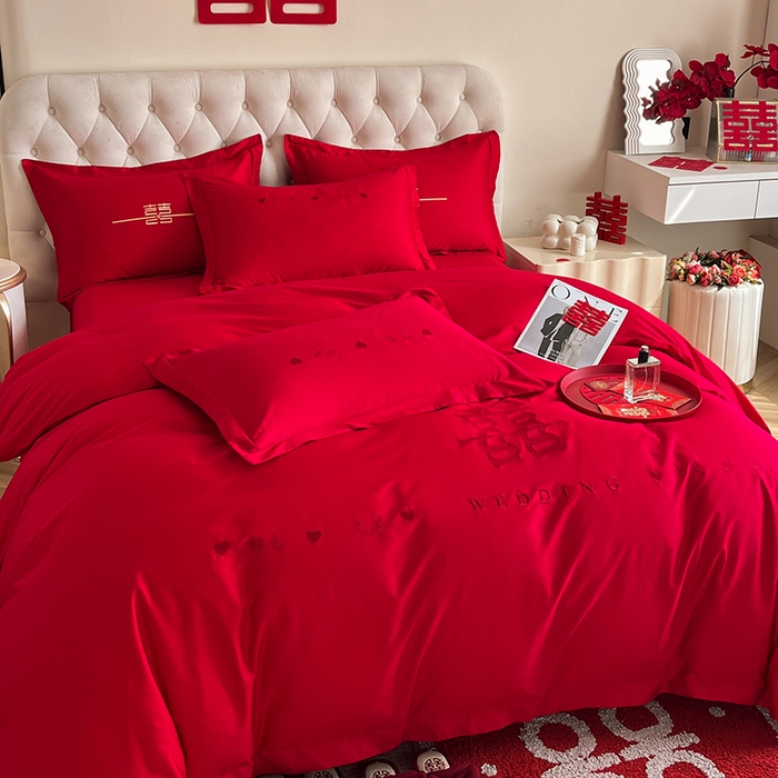 91家纺网 家纺一手货源 找家纺 千希家纺 2024新款加厚磨毛婚庆四件套 喜庆