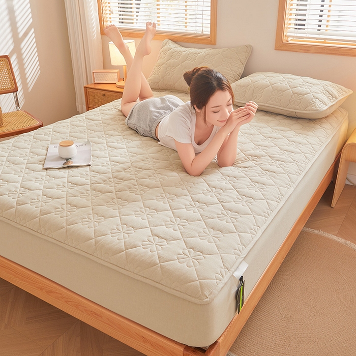 91家纺网 家纺一手货源 找家纺 3C 2024新款全棉水洗棉夹棉床笠-浅语系列 浅语-卡其