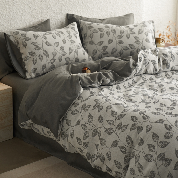 91家纺网 家纺一手货源 找家纺 慕尚家纺 2025新款磨毛提花双层纱四件套 叶韵灰