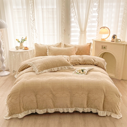 雅萱家纺 2024新款高克重牛奶绒雕花四件套-华夫 华夫-咖