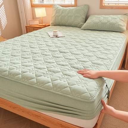 91家纺网 家纺一手货源 找家纺 3C 2024新款全棉水洗棉夹棉床笠-浅语系列 浅语-青果绿