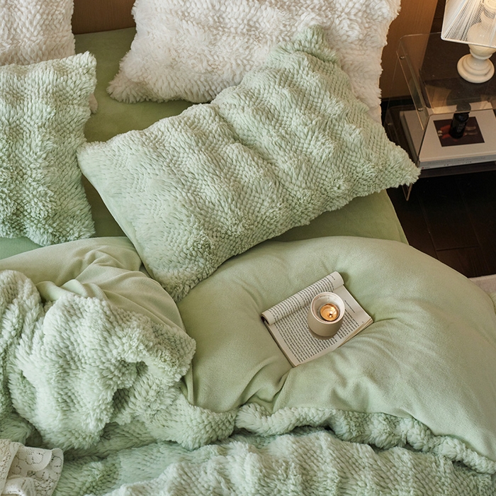 91家纺网 家纺一手货源 找家纺 安哆啦家纺 2024新款高克重10斤轻奢托斯卡纳兔毛绒喷花泡泡牛奶绒四件套 喷花-薄荷绿