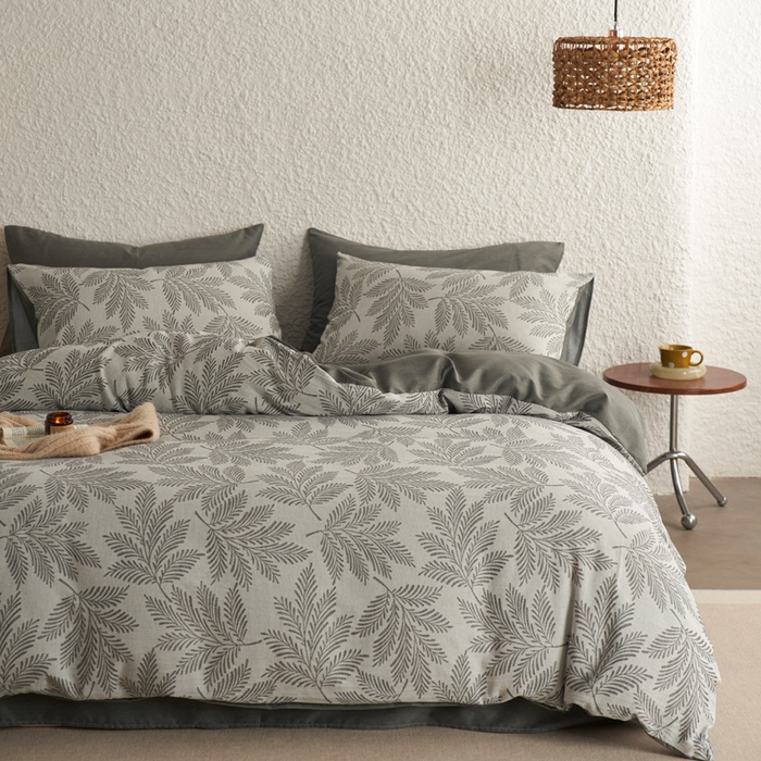 91家纺网 家纺一手货源 找家纺 慕尚家纺 2025新款磨毛提花双层纱四件套 森木灰