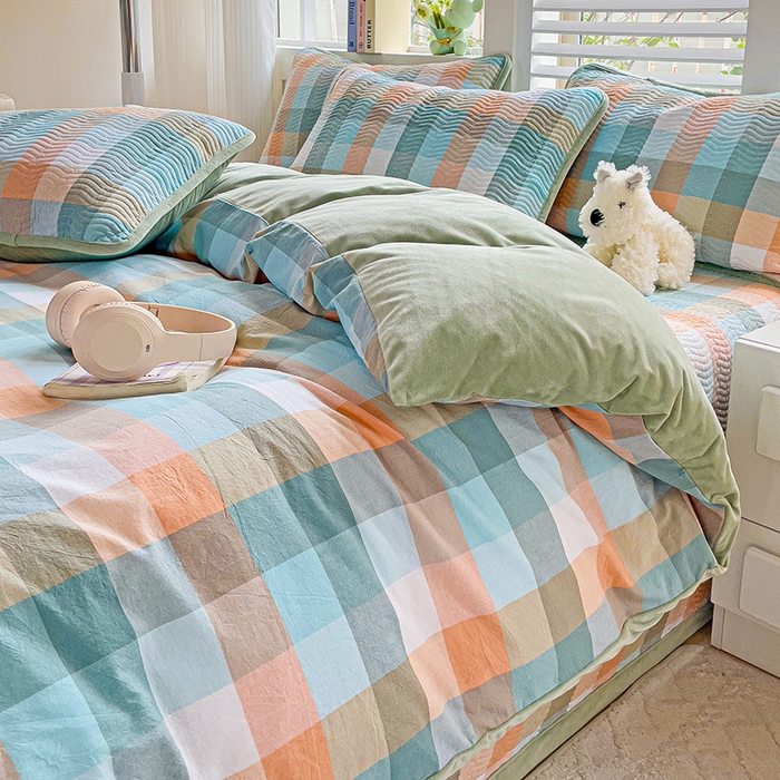 91家纺网 家纺一手货源 找家纺 羽爱家纺 2024新款全棉色织水洗宝宝绒床盖四件套 桔小格