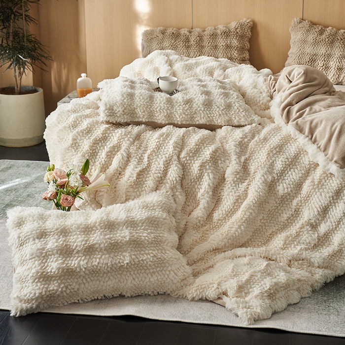 91家纺网 家纺一手货源 找家纺 安哆啦家纺 2024新款高克重10斤轻奢托斯卡纳兔毛绒喷花泡泡牛奶绒四件套 喷花-奶白咖