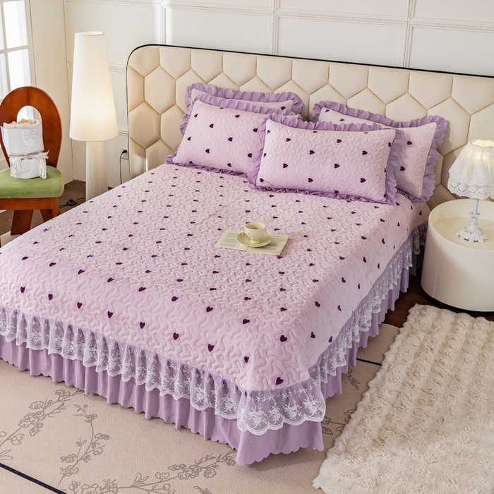 91家纺网 家纺一手货源 找家纺 美莱家纺 2024直播热款加厚秋冬牛奶绒床盖单件床罩床盖四件套 紫爱心