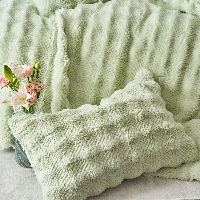 91家纺网 家纺一手货源 找家纺 安哆啦家纺 2024新款高克重10斤轻奢托斯卡纳兔毛绒喷花泡泡牛奶绒四件套 喷花-薄荷绿