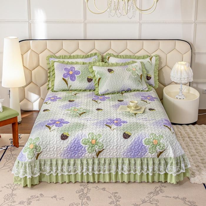 91家纺网 家纺一手货源 找家纺 美莱家纺 2024直播热款加厚秋冬牛奶绒床盖单件床罩床盖四件套 花意满满绿