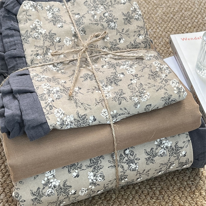 91家纺网 家纺一手货源 找家纺 荣轩 2024新款全棉印花双层纱四件套 皱皱纱花边款 花边美式