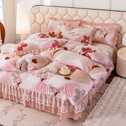 美莱家纺 2024直播热款加厚秋冬牛奶绒床盖单件床罩床盖四件套 花意满满粉