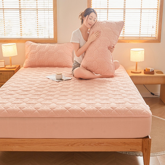 91家纺网 家纺一手货源 找家纺 3C 2024新款全棉水洗棉夹棉床笠-浅语系列 浅语-心愿粉