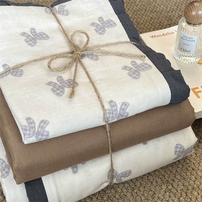 91家纺网 家纺一手货源 找家纺 荣轩 2024新款全棉印花双层纱四件套 皱皱纱花边款 花边可露丽