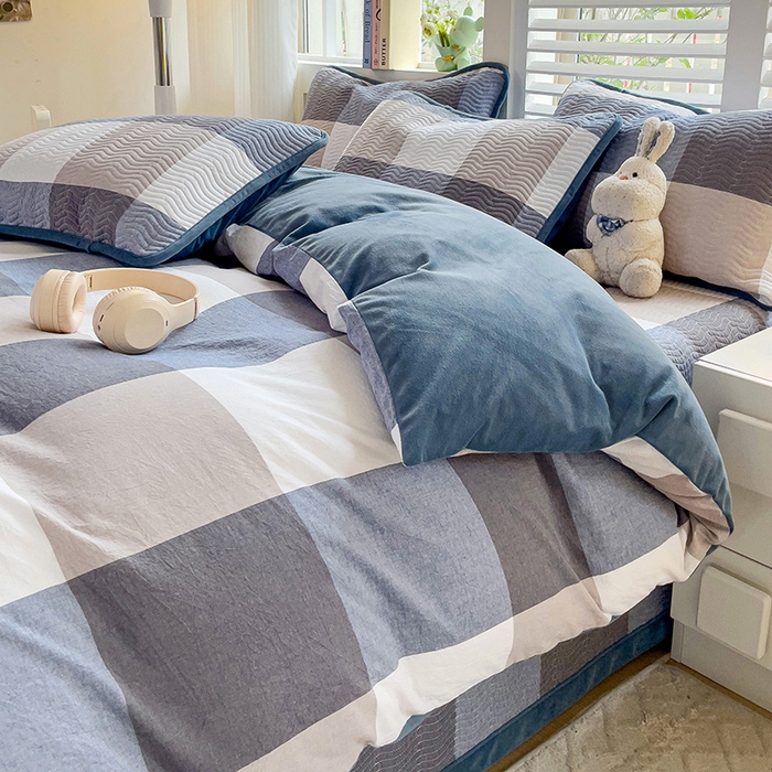 91家纺网 家纺一手货源 找家纺 羽爱家纺 2024新款全棉色织水洗宝宝绒床盖四件套 沁兰